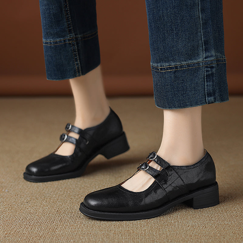Women's Sheepskin Leather Block Heel Low Heel Double Buckle Mary Jane Shoes