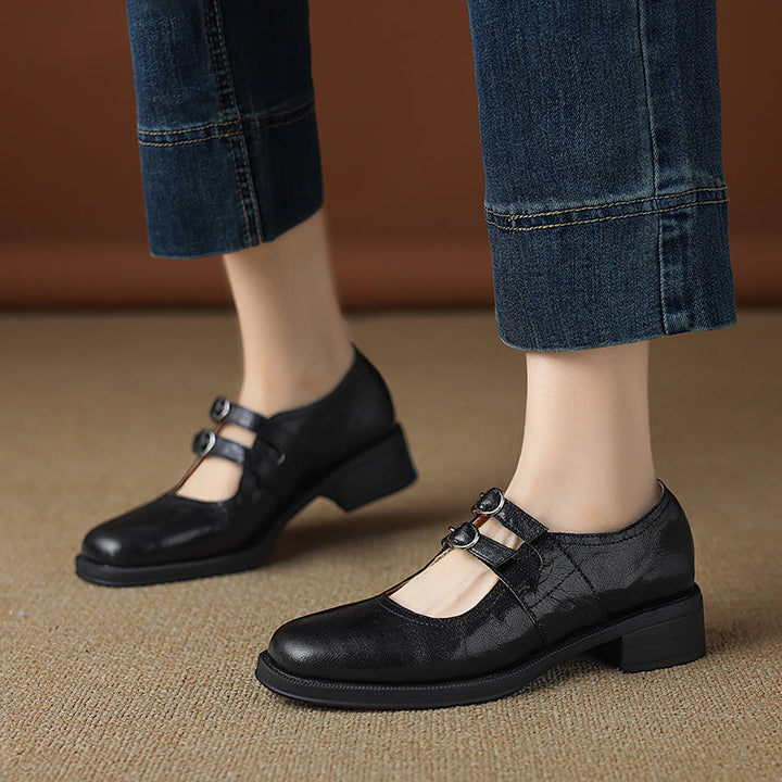 Women's Sheepskin Leather Block Heel Low Heel Double Buckle Mary Jane Shoes