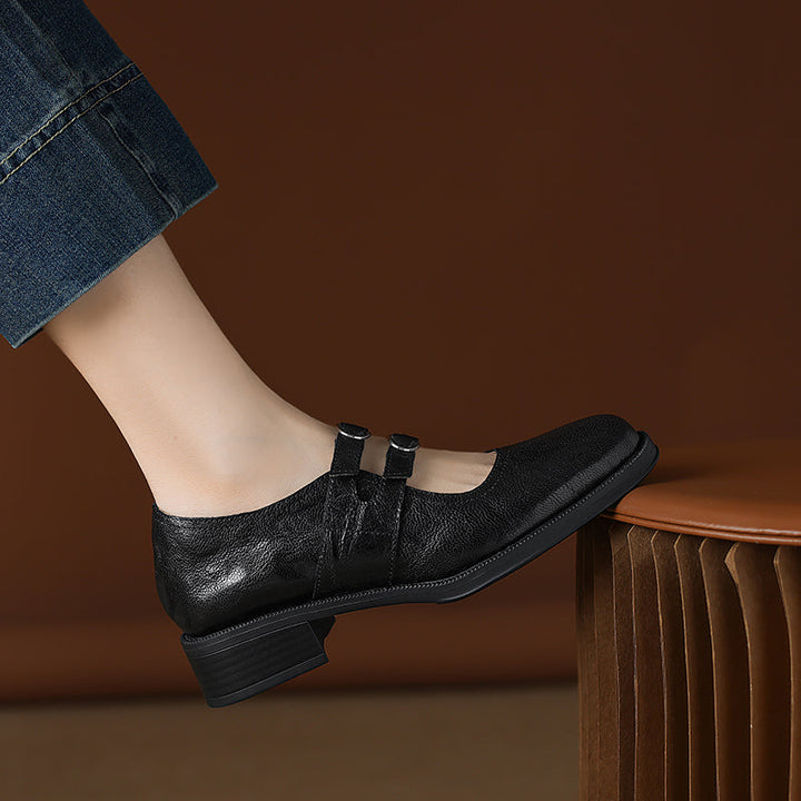 Women's Sheepskin Leather Block Heel Low Heel Double Buckle Mary Jane Shoes