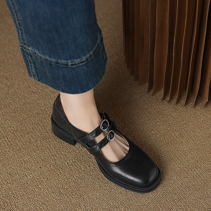 Women's Sheepskin Leather Block Heel Low Heel Double Buckle Mary Jane Shoes
