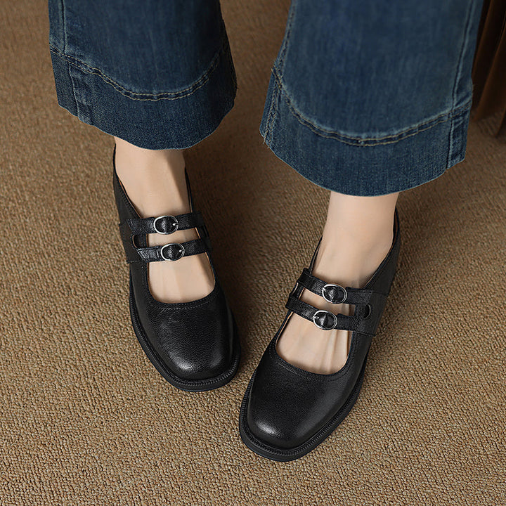 Women's Sheepskin Leather Block Heel Low Heel Double Buckle Mary Jane Shoes