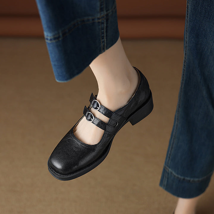 Women's Sheepskin Leather Block Heel Low Heel Double Buckle Mary Jane Shoes