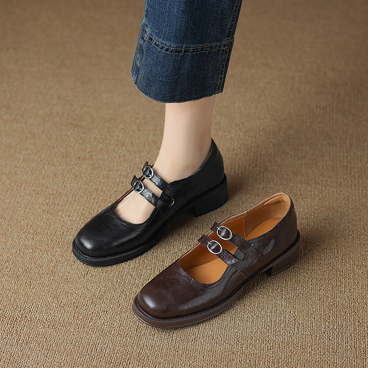 Women's Sheepskin Leather Block Heel Low Heel Double Buckle Mary Jane Shoes