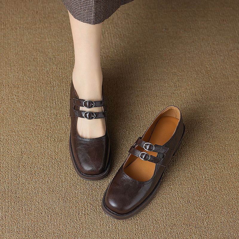 Women's Sheepskin Leather Block Heel Low Heel Double Buckle Mary Jane Shoes