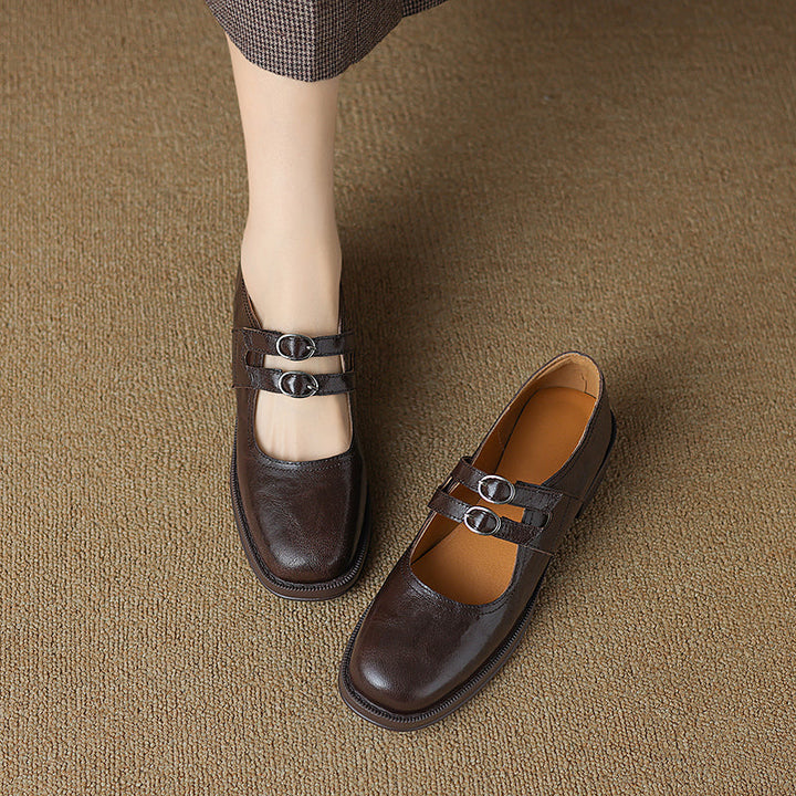Women's Sheepskin Leather Block Heel Low Heel Double Buckle Mary Jane Shoes