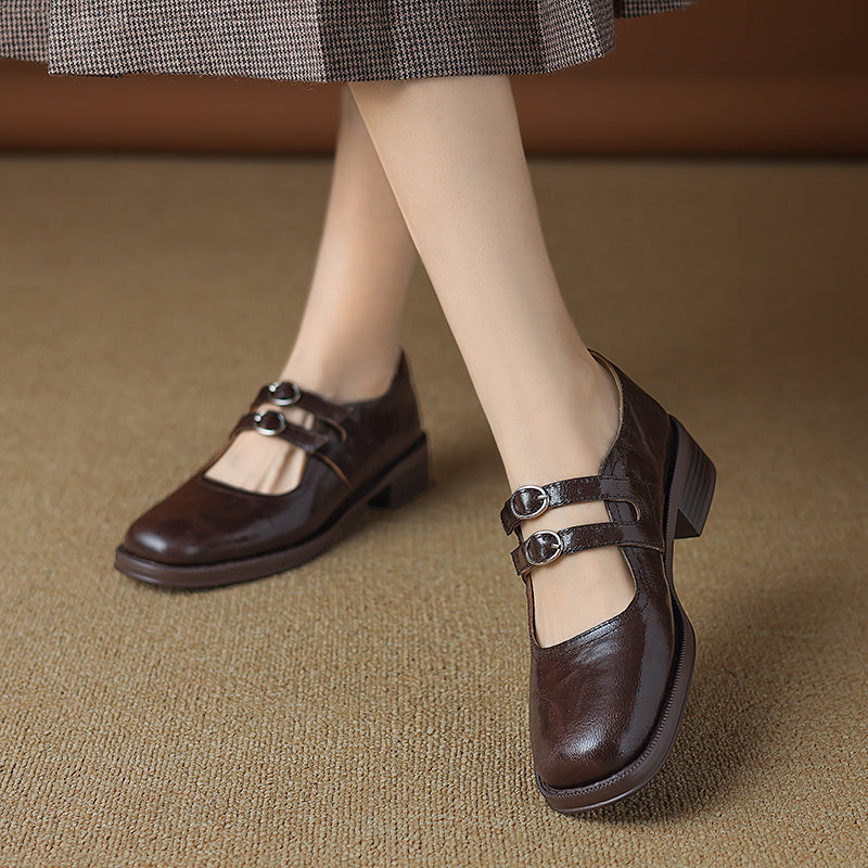 Women's Sheepskin Leather Block Heel Low Heel Double Buckle Mary Jane Shoes