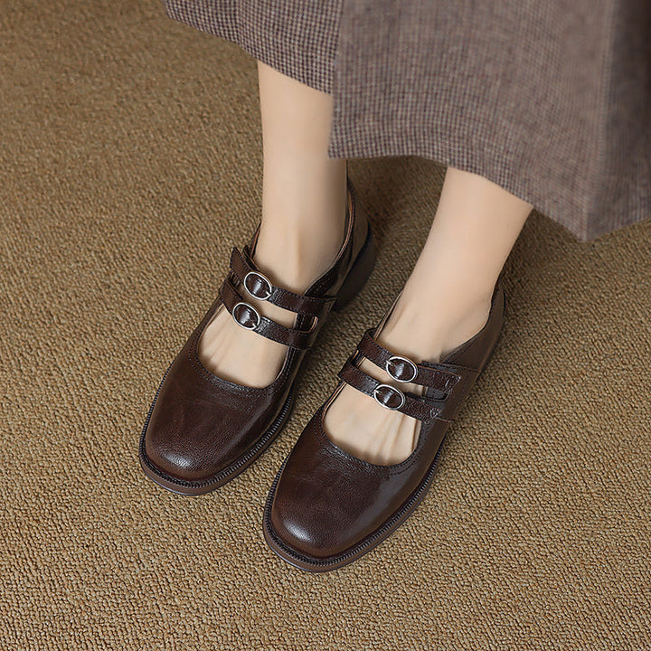Women's Sheepskin Leather Block Heel Low Heel Double Buckle Mary Jane Shoes
