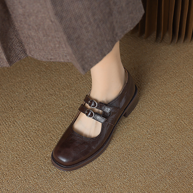 Women's Sheepskin Leather Block Heel Low Heel Double Buckle Mary Jane Shoes