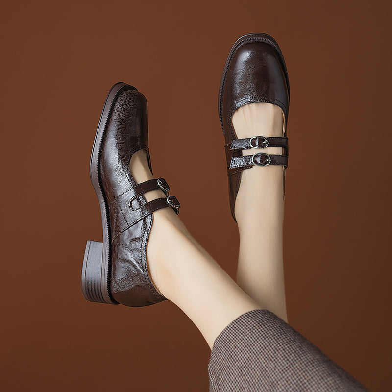 Women's Sheepskin Leather Block Heel Low Heel Double Buckle Mary Jane Shoes