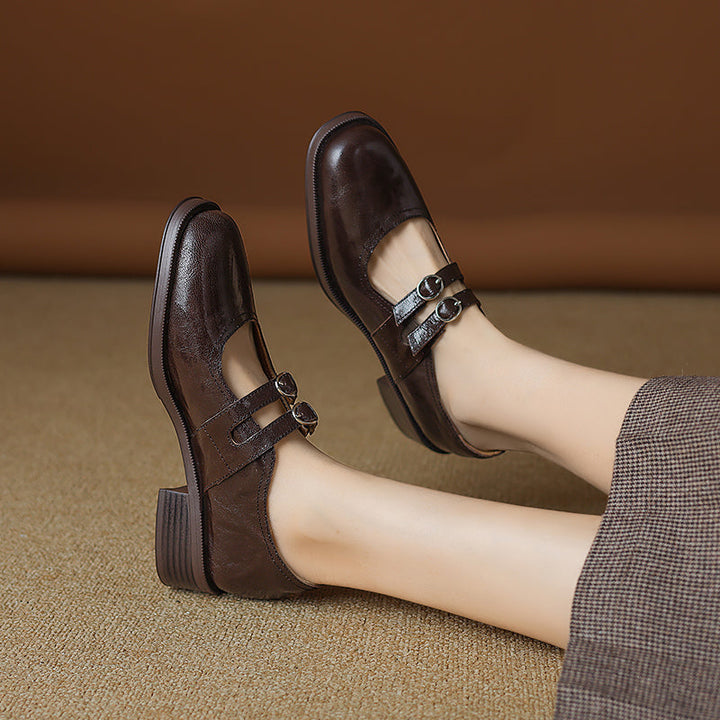 Women's Sheepskin Leather Block Heel Low Heel Double Buckle Mary Jane Shoes