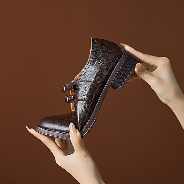 Women's Sheepskin Leather Block Heel Low Heel Double Buckle Mary Jane Shoes