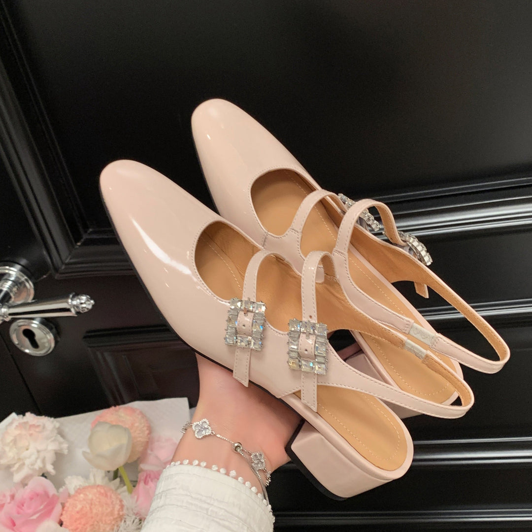 Womens Rhinestone Buckle Square Toe Slingback Pumps Heels