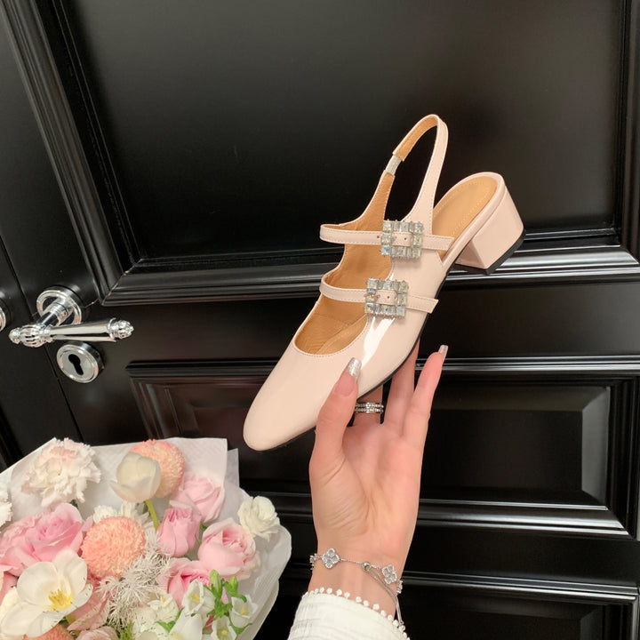 Womens Rhinestone Buckle Square Toe Slingback Pumps Heels