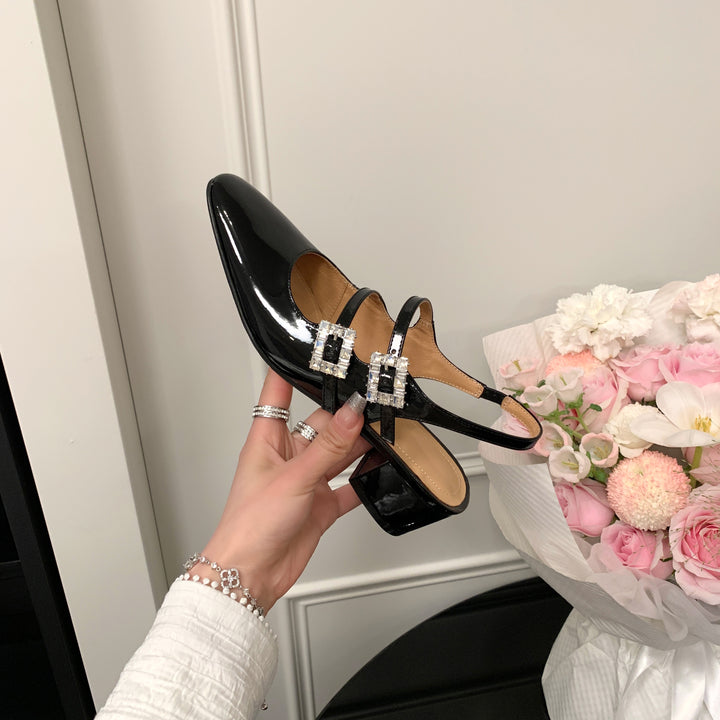 Womens Rhinestone Buckle Square Toe Slingback Pumps Heels