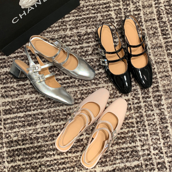 Womens Rhinestone Buckle Square Toe Slingback Pumps Heels