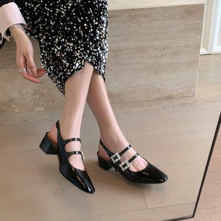 Womens Rhinestone Buckle Square Toe Slingback Pumps Heels