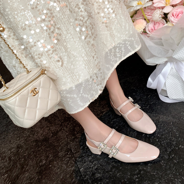 Womens Rhinestone Buckle Square Toe Slingback Pumps Heels