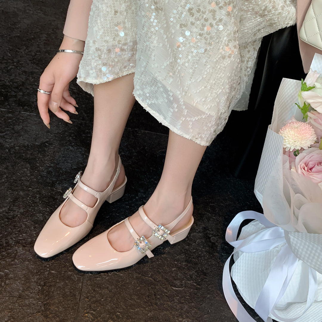 Womens Rhinestone Buckle Square Toe Slingback Pumps Heels