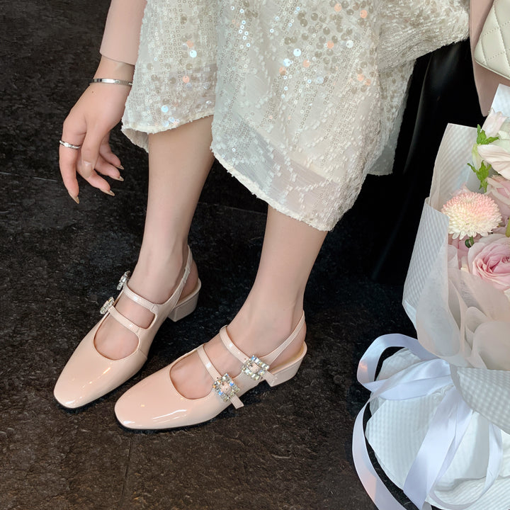 Womens Rhinestone Buckle Square Toe Slingback Pumps Heels