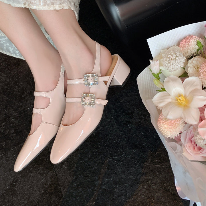 Womens Rhinestone Buckle Square Toe Slingback Pumps Heels