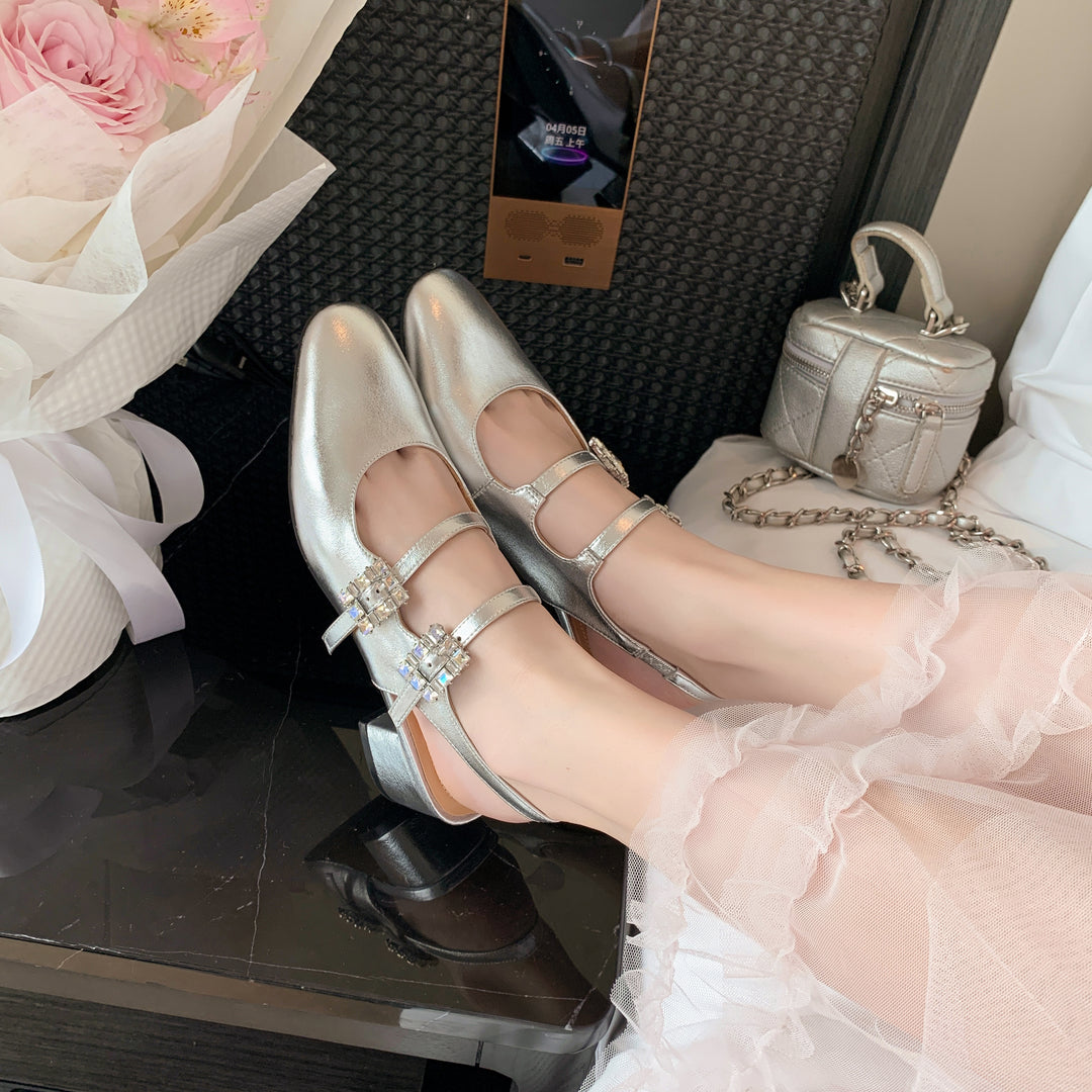 Womens Rhinestone Buckle Square Toe Slingback Pumps Heels