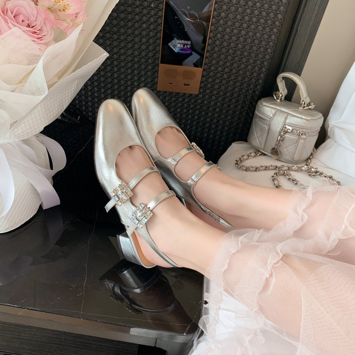 Womens Rhinestone Buckle Square Toe Slingback Pumps Heels