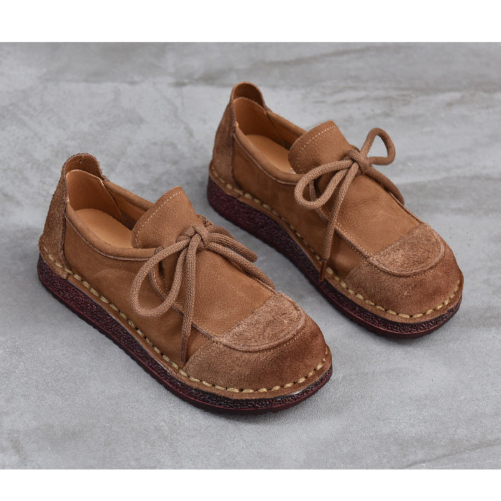 Women's Leather Lace-Up Flat Shoes – Comfortable Patchwork Casual Style
