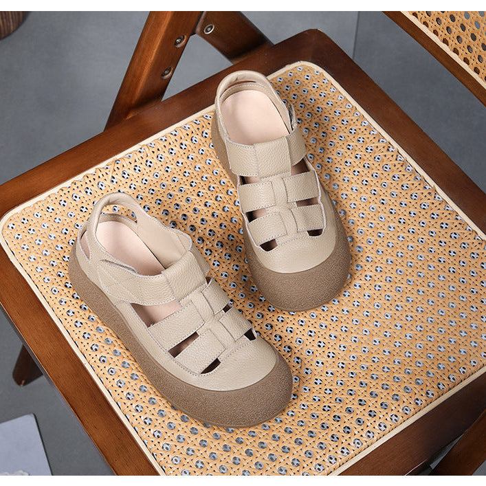 Women's Leather Sporty Fisherman Sandals - Closed Round Toe Casual Summer Walking Shoes with Velcro