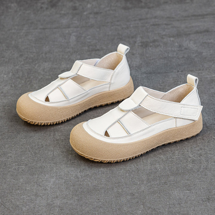 Womens Retro Woven Leather Fisherman Sandals Velcro Closed Toe Platform Walking Shoes