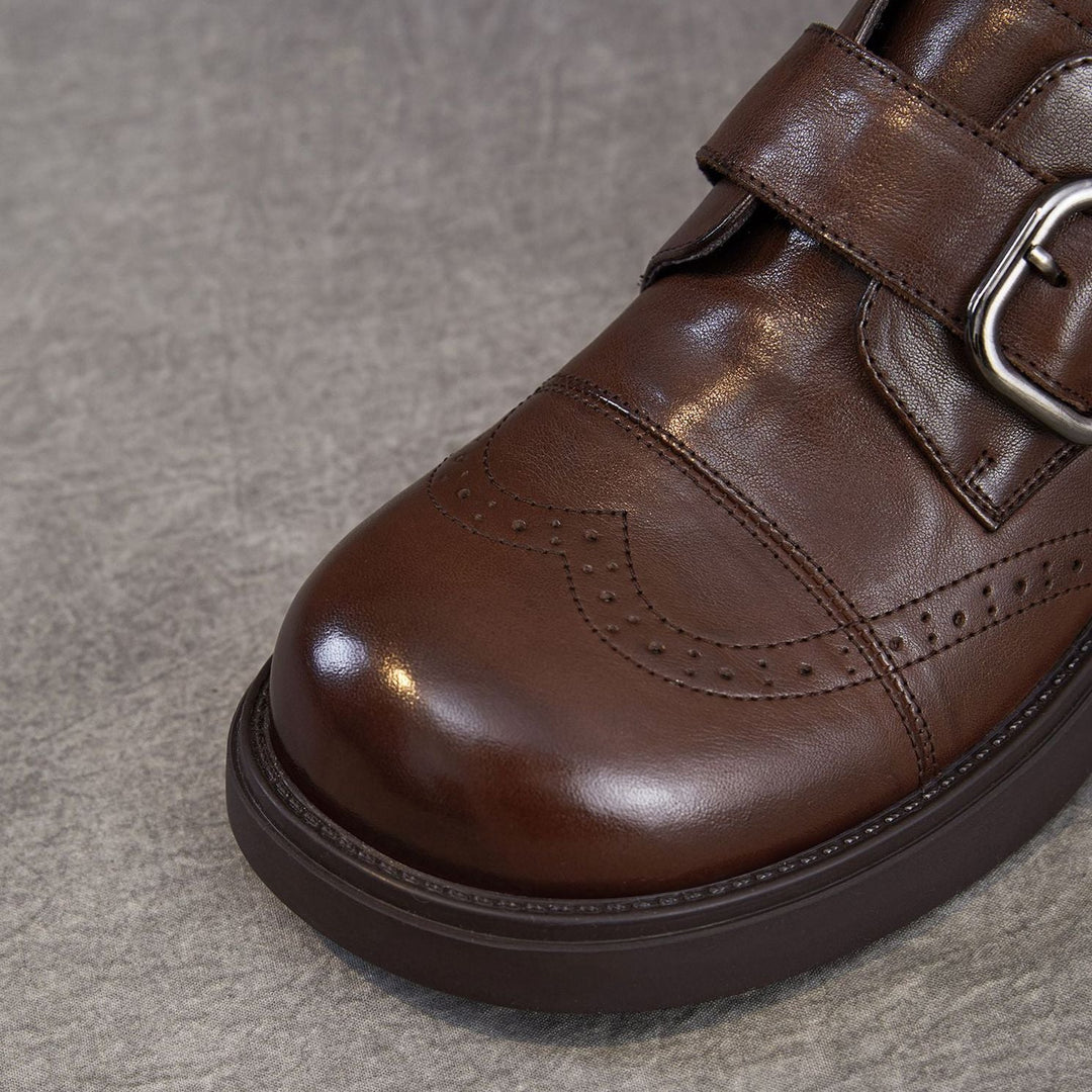 Women's Genuine Leather Chunky Platform Monk Strap Loafers Vintage Brogue Slip-on Shoes