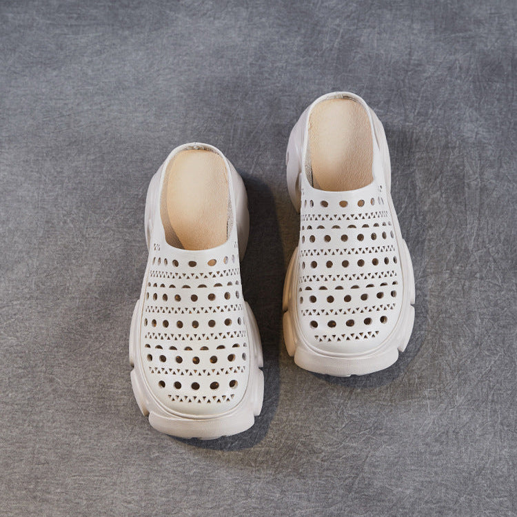 Women's Leather Platform Mules - Hollow Out Perforated Closed Round Toe Chunky Sandals Summer Slides