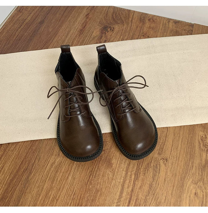 Women's Vegan Leather Ankle Boots Lace Up Casual Low Heel Booties Comfortable Walking Shoes