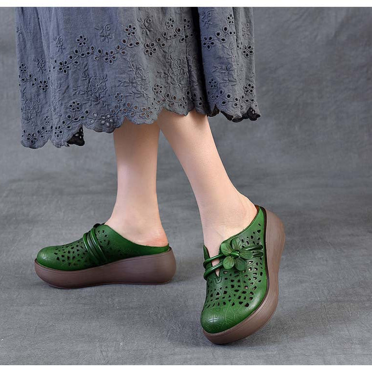 Women's Cowhide Platform Mules - Summer Shoes Breathable Floral Cut-out Sandals