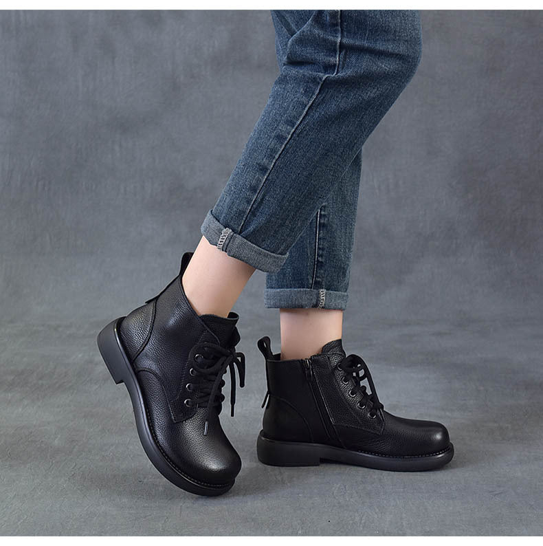 Women's Vintage Leather Ankle Boots Zipper Lace Up Flat Combat Booties