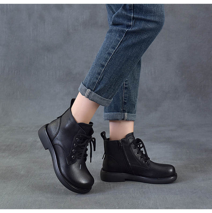 Women's Vintage Leather Ankle Boots Zipper Lace Up Flat Combat Booties