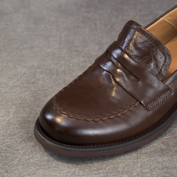 Women's Genuine Leather Penny Loafers Vintage Slip-on Round Toe Low Heel Shoes