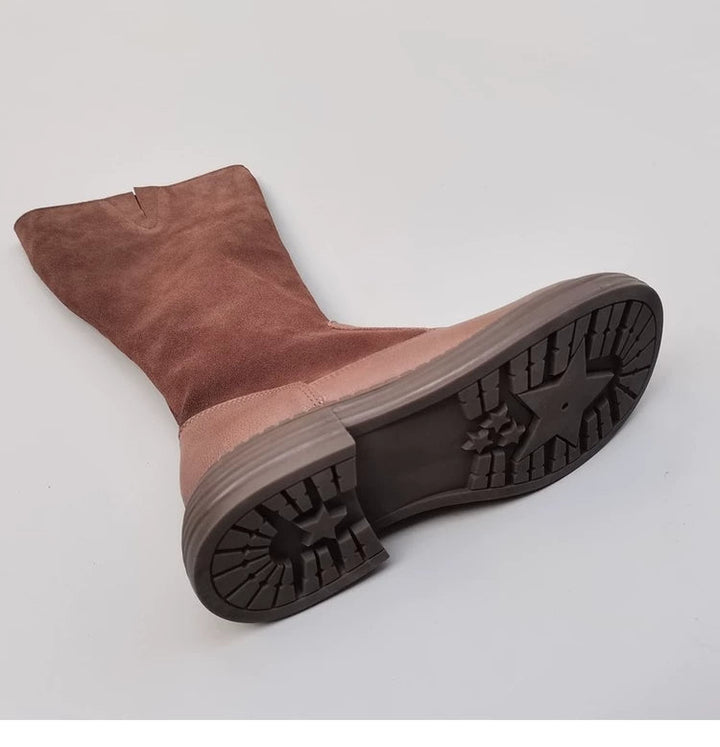 Women's Wide Toe Box Vintage Leather Suede Patchwork Knee-High Boots Wide Fit Flat Riding Boots