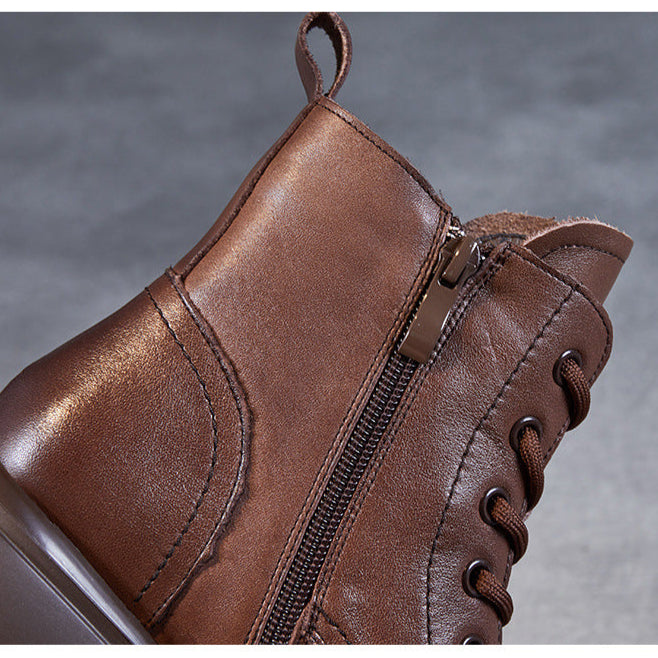 Women's Genuine Leather Lace-Up Side Zip Ankle Boots – Casual & Versatile