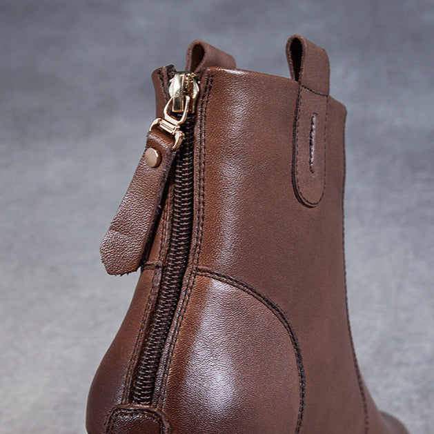 Women's Low Heel Casual Genuine Leather Boots with Back Zipper