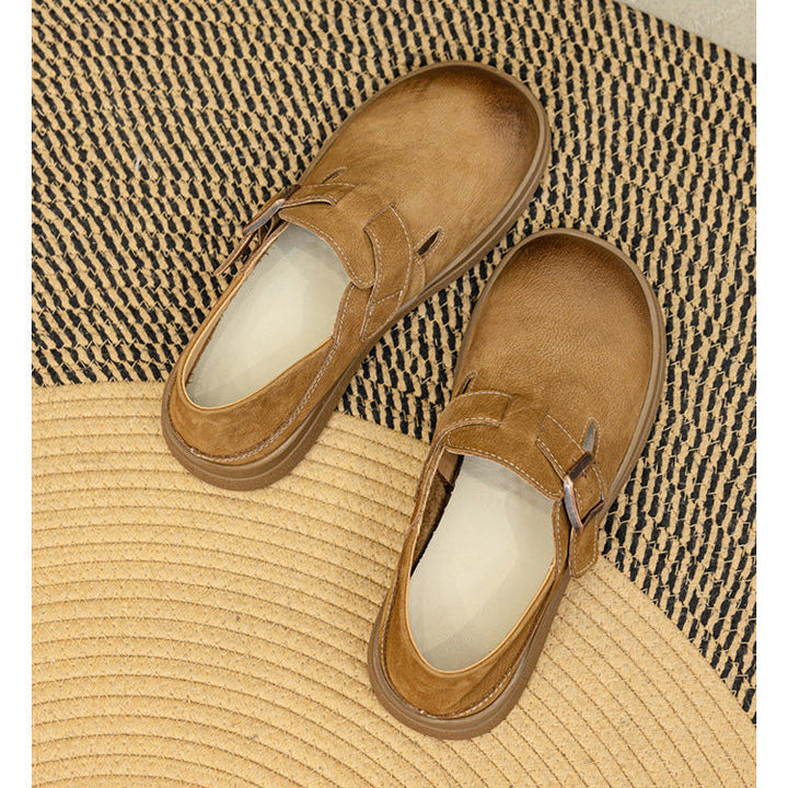 Vintage Leather Loafers - Women’s Round Toe Casual Flats with Adjustable Velcro Strap