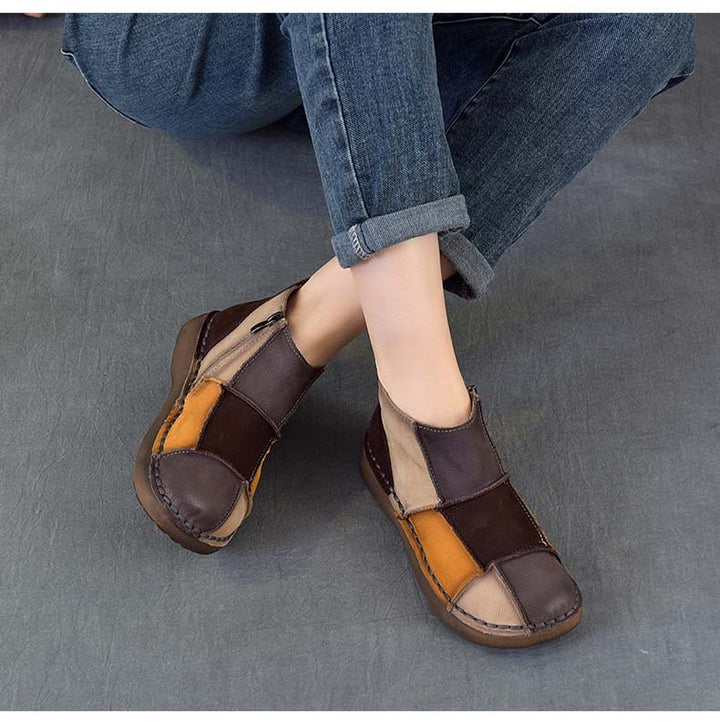 Women's Vintage Patchwork Leather Ankle Boots Hand-Stitched Flat Booties Zipper