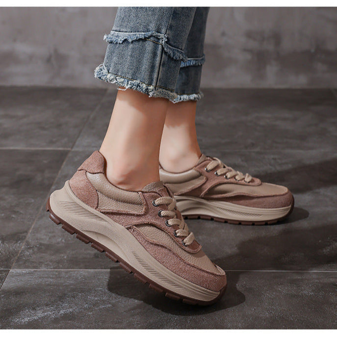 Women's Non-Slip Leather Platform Sneakers – Retro Chunky Sole Design