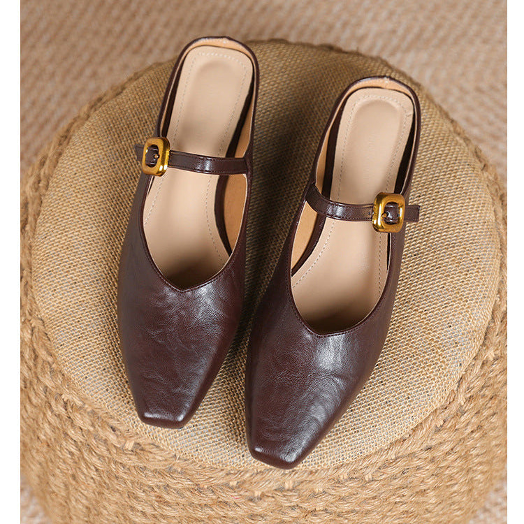 Women's Mary Jane Mules - Square Toe Gold Buckle Low Kitten Heel Slides