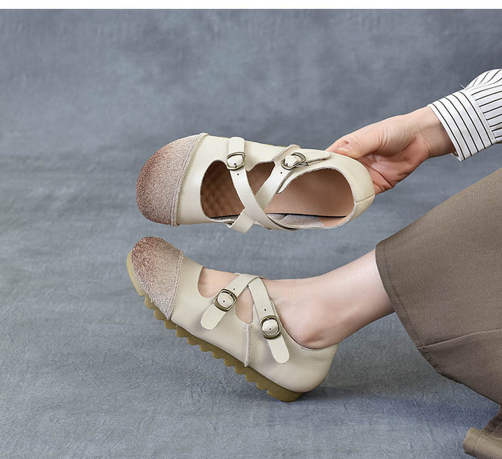 Women's Leather Flat Cross Strap Casual Shoes