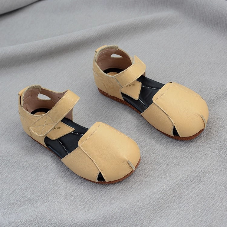Women's Soft Leather Closed-Toe Velcro Sandals – Comfortable Flat Style