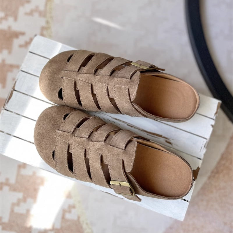 Women's Suede Round Toe Hollowed Out Casual Buckle Mule