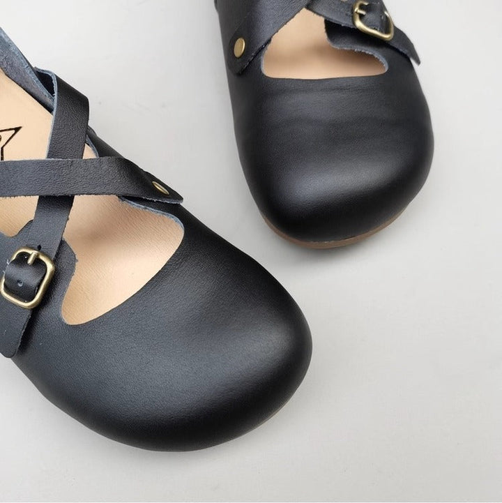 Women's Vintage Handmade Leather Shoes – Cross Strap, Buckle & Soft Sole