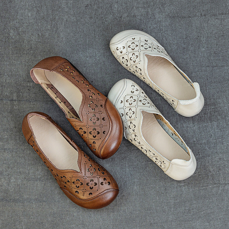 Women's Soft Leather Loafers - Hollow Out V-Neck Geometric Perforated Flats Round Toe Comfort Walking Shoes