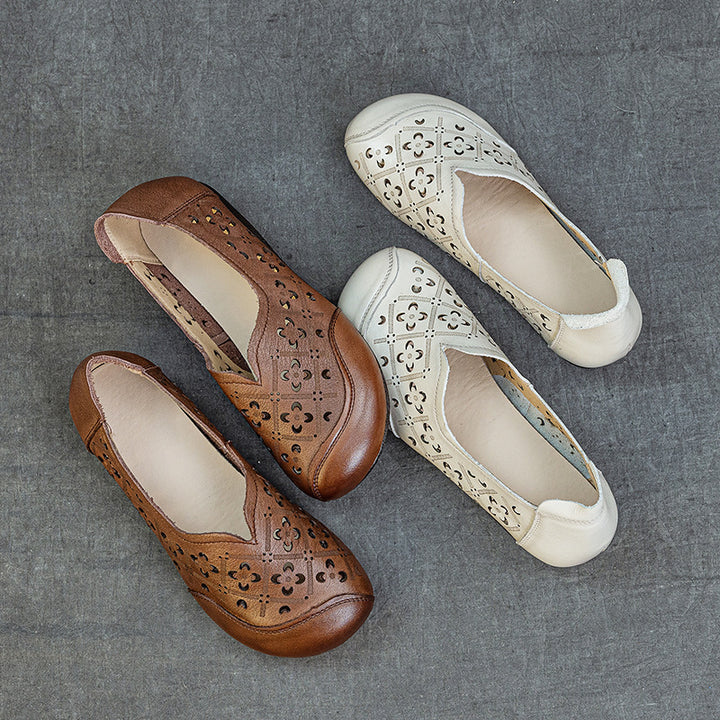 Women's Soft Leather Loafers - Hollow Out V-Neck Geometric Perforated Flats Round Toe Comfort Walking Shoes
