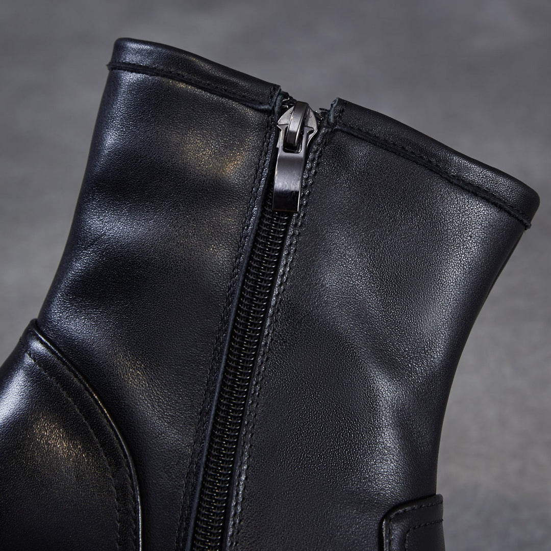 Women's Top-Grain Leather Ankle Boots Chunky Platform Block Heel Side Zipper Booties